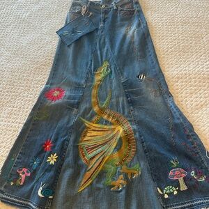 Ralph Lauren Blue Maxi Skirt with Dragon Embroidery